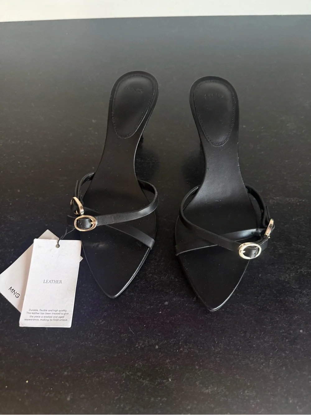 Mango Black Leather Buckle Strappy Kitten Heel Sandals Size 36 / US 6 NWT
